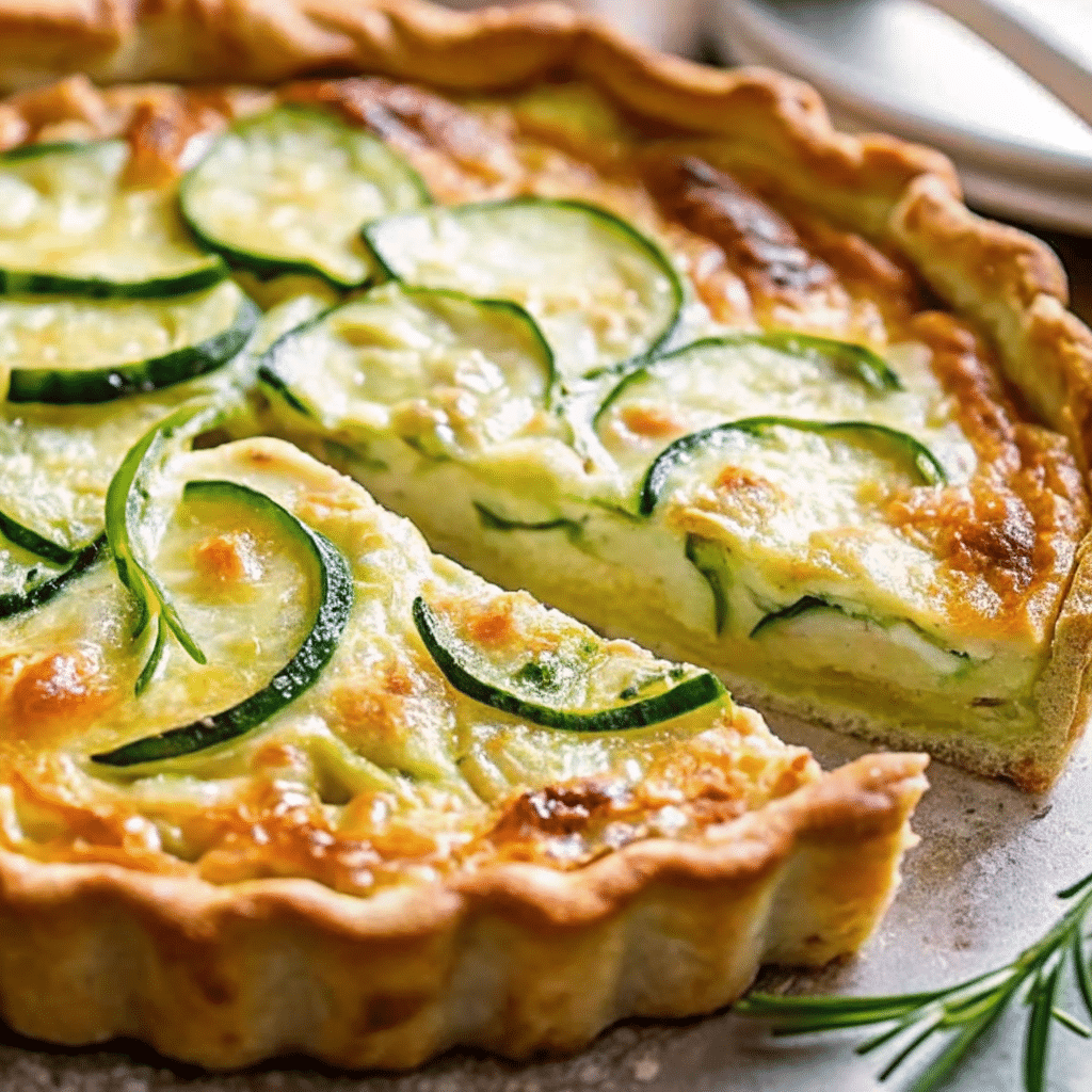 Golden-brown zucchini onion pie in a white pie plate, showing the perfectly set custard-like texture with visible zucchini slices and melted cheese throughout.