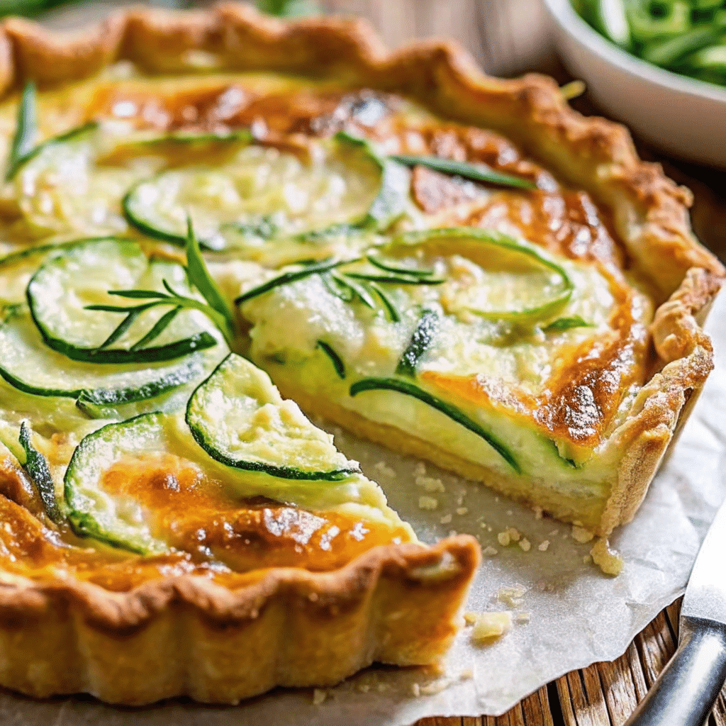 Golden-brown zucchini onion pie in a white pie plate, showing the perfectly set custard-like texture with visible zucchini slices and melted cheese throughout.