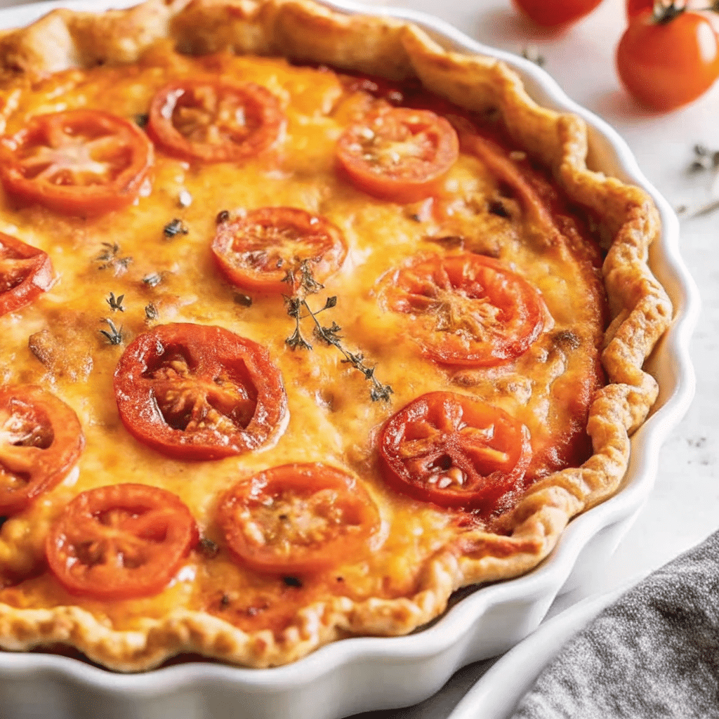 Golden Southern tomato pie with bubbly cheese topping, fresh basil garnish, and perfectly sliced red tomatoes visible through the creamy layer, served on a white plate with a rustic kitchen background