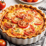 Golden Southern tomato pie with bubbly cheese topping, fresh basil garnish, and perfectly sliced red tomatoes visible through the creamy layer, served on a white plate with a rustic kitchen background