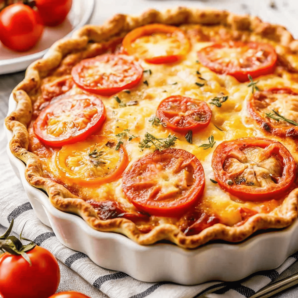 Golden Southern tomato pie with bubbly cheese topping, fresh basil garnish, and perfectly sliced red tomatoes visible through the creamy layer, served on a white plate with a rustic kitchen background