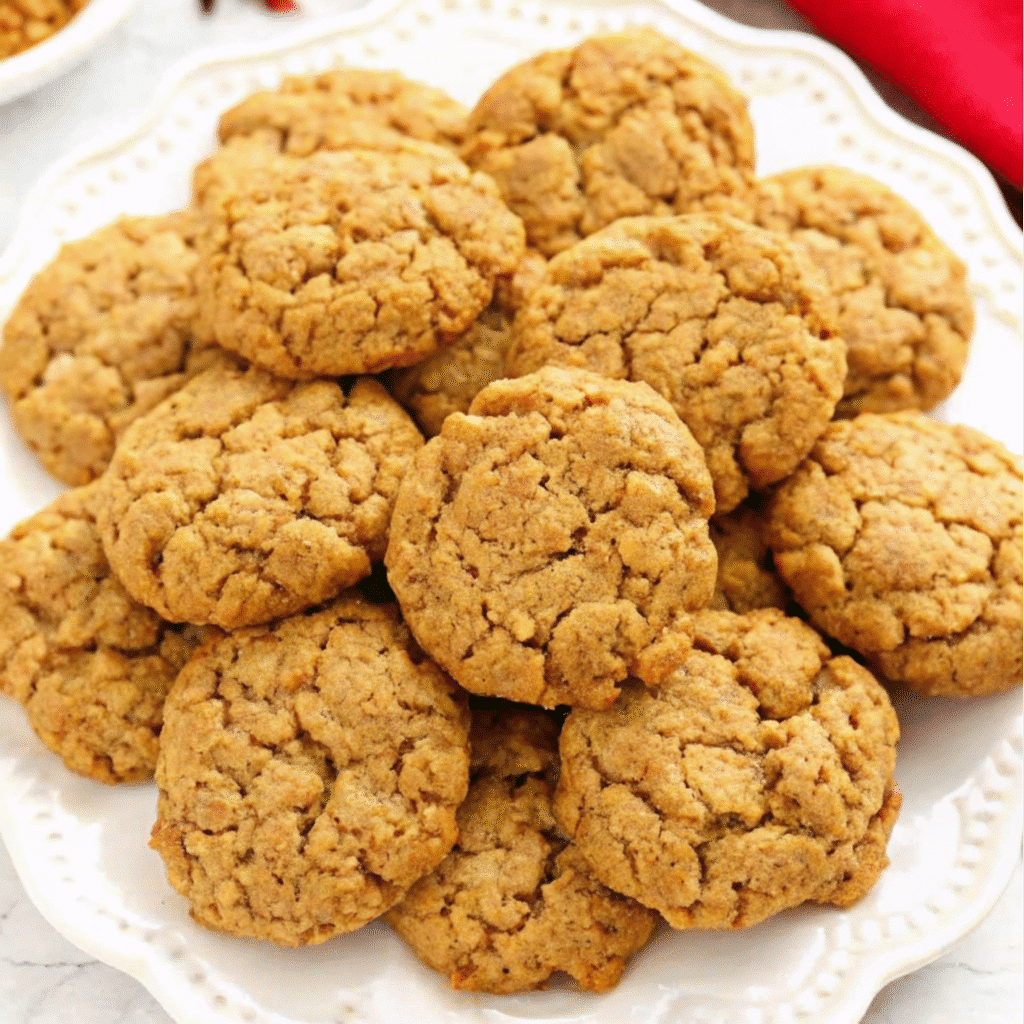 Golden brown soft pumpkin oatmeal cookies arranged on a white plate with scattered oats and a small pumpkin in the background