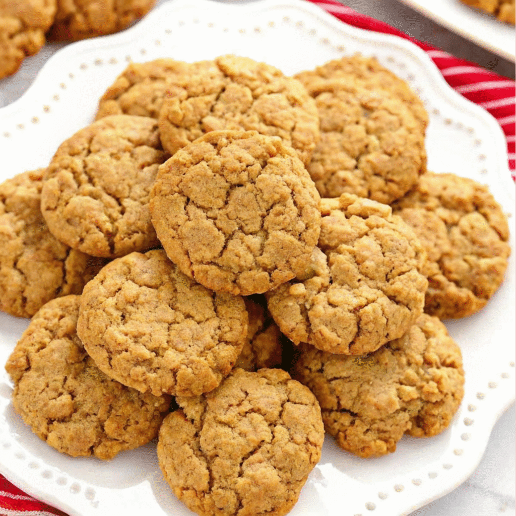Golden brown soft pumpkin oatmeal cookies arranged on a white plate with scattered oats and a small pumpkin in the background