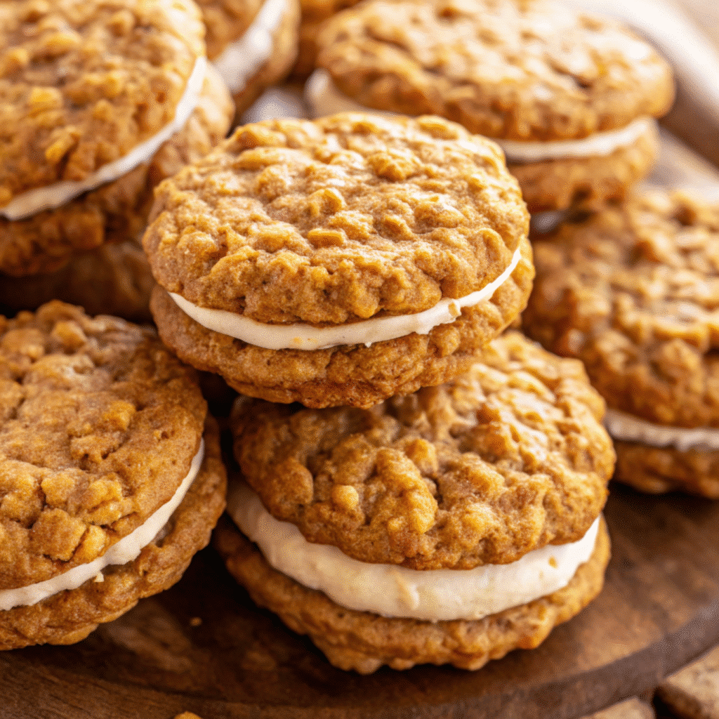 Golden Pumpkin Oatmeal Cream Pies with white cream filling, stacked on a wood board.