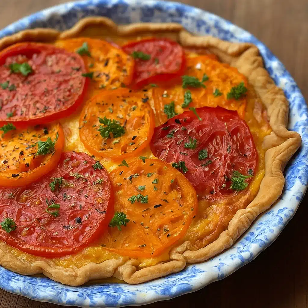 Golden brown pimento cheese tomato pie with layers of fresh tomatoes and melted cheese in a flaky pastry crust