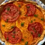 Golden brown pimento cheese tomato pie with layers of fresh tomatoes and melted cheese in a flaky pastry crust
