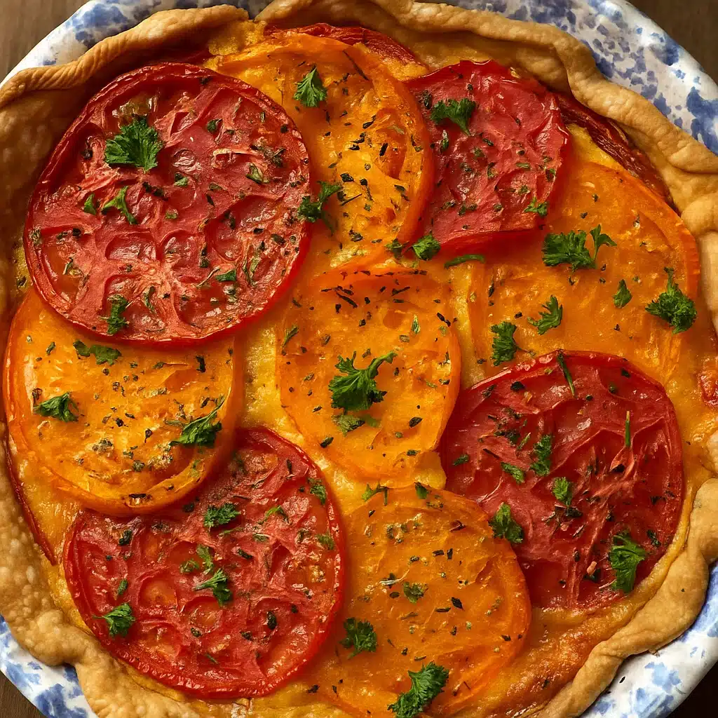 Golden brown pimento cheese tomato pie with layers of fresh tomatoes and melted cheese in a flaky pastry crust