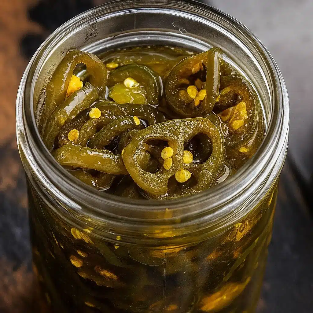 Golden candied jalapenos slices in glass jars with sweet syrup, perfect for adding sweet heat to any meal