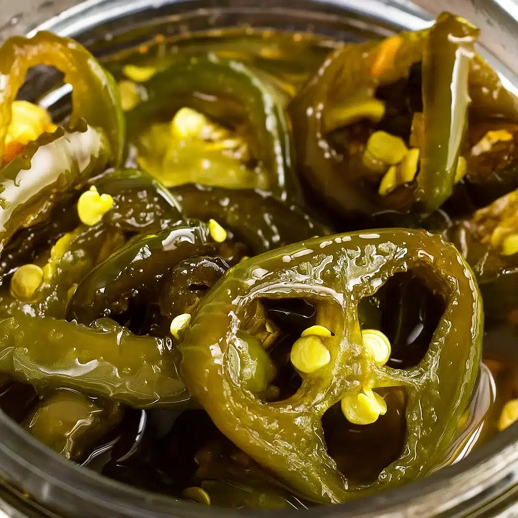 Golden candied jalapenos slices in glass jars with sweet syrup, perfect for adding sweet heat to any meal