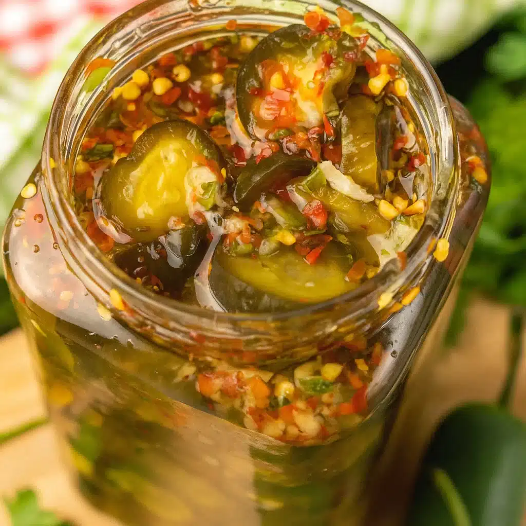 Colorful jar of sweet heat pickles with jalapeño slices and red pepper flakes visible through the glass, sitting on a rustic wooden cutting board with fresh herbs scattered around