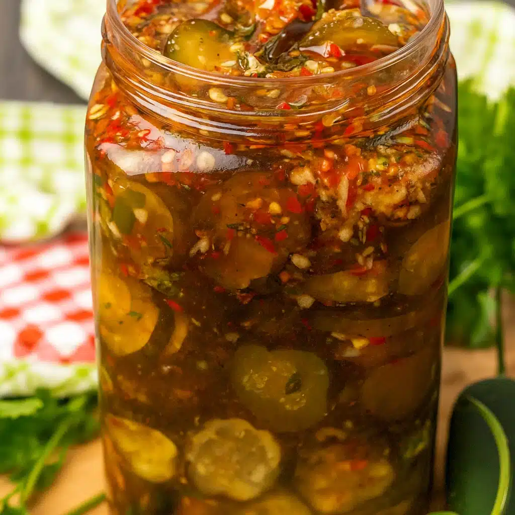 Colorful jar of sweet heat pickles with jalapeño slices and red pepper flakes visible through the glass, sitting on a rustic wooden cutting board with fresh herbs scattered around