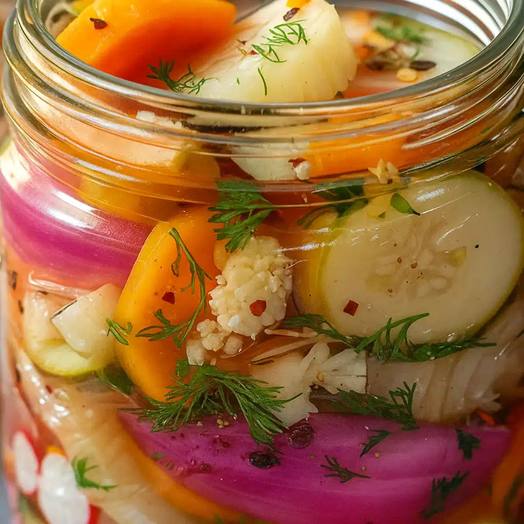 Colorful jars of homemade refrigerator pickled vegetables including cauliflower, carrots, green beans, and cucumbers