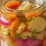 Colorful jars of homemade refrigerator pickled vegetables including cauliflower, carrots, green beans, and cucumbers