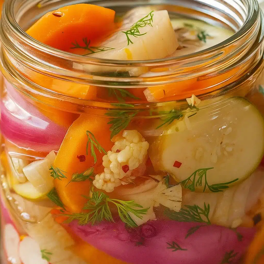 Colorful jars of homemade refrigerator pickled vegetables including cauliflower, carrots, green beans, and cucumbers