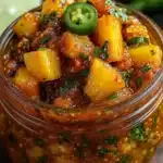 Vibrant orange and red spicy pineapple jalapeño chutney in a glass jar, showing chunky texture with visible diced pineapple pieces and flecks of jalapeño and spices.