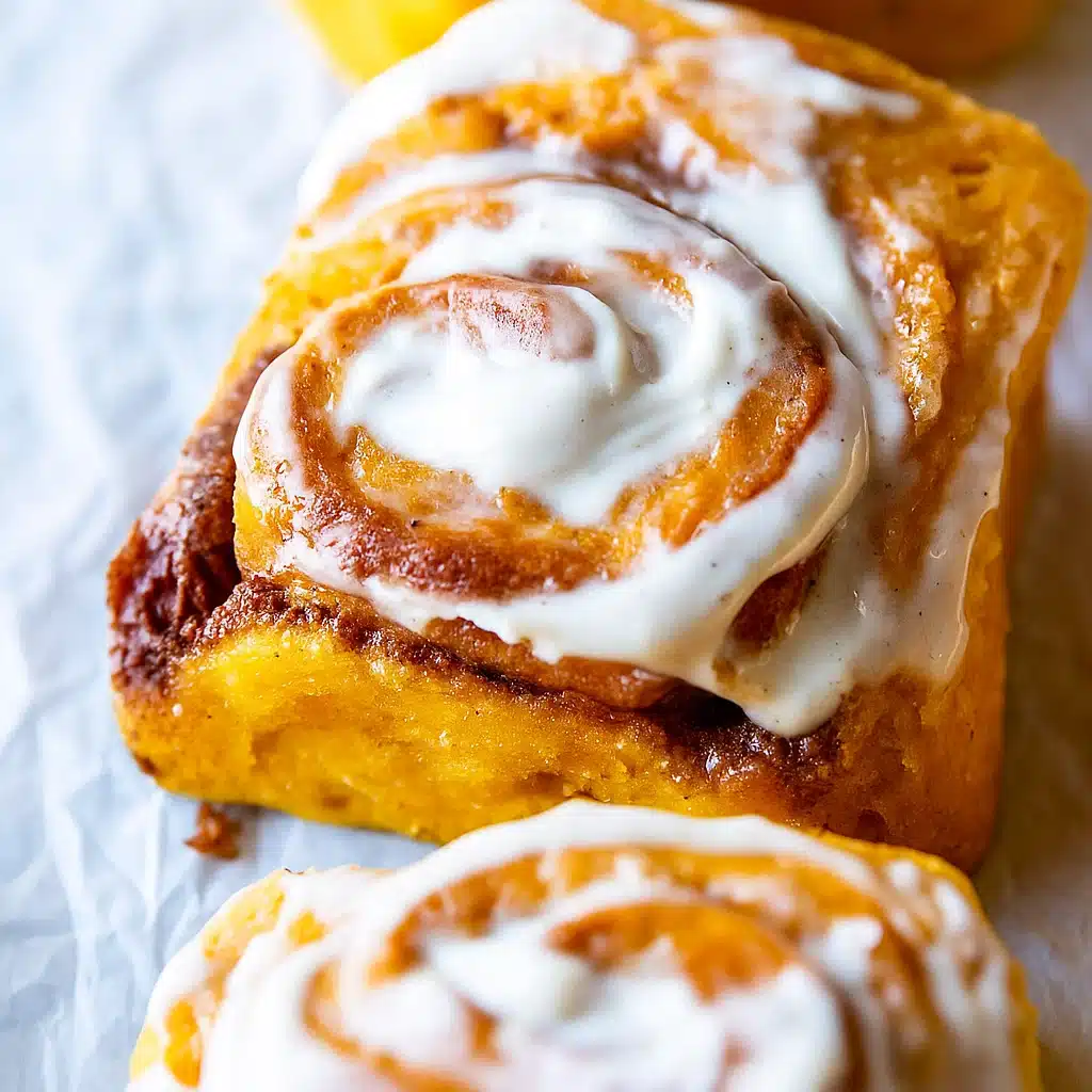 Freshly baked pumpkin cinnamon rolls with maple cream cheese icing in a baking pan, golden brown and perfectly swirled
