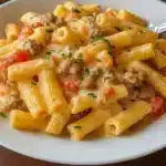 Creamy Rotel pasta with ground beef served in a white bowl, topped with fresh cilantro and melted cheddar cheese