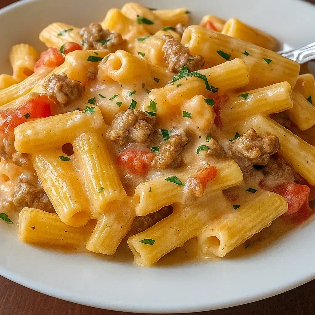 Creamy Rotel pasta with ground beef served in a white bowl, topped with fresh cilantro and melted cheddar cheese