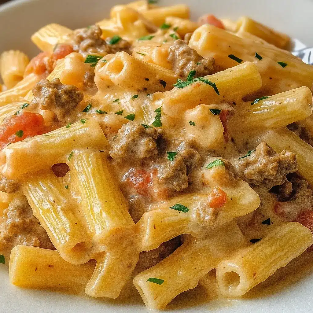 Creamy Rotel pasta with ground beef served in a white bowl, topped with fresh cilantro and melted cheddar cheese