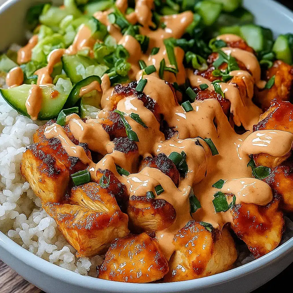 Colorful Bang Bang Chicken Bowl with golden seasoned chicken pieces, fresh vegetables, and creamy sauce served over white rice