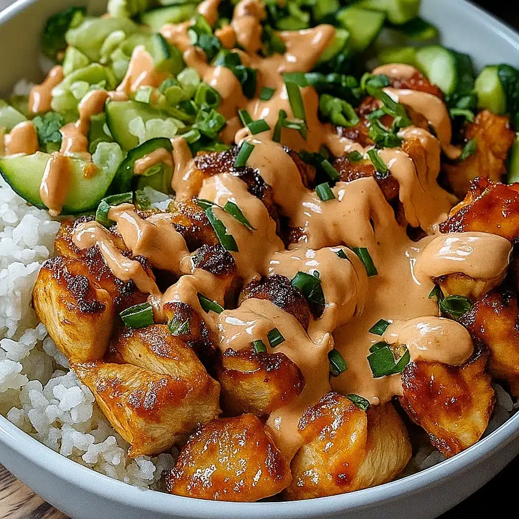 Colorful Bang Bang Chicken Bowl with golden seasoned chicken pieces, fresh vegetables, and creamy sauce served over white rice