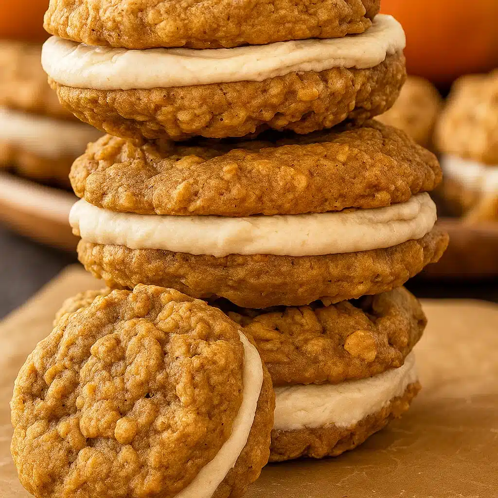 Golden Pumpkin Oatmeal Cream Pies with white cream filling, stacked on a wood board.