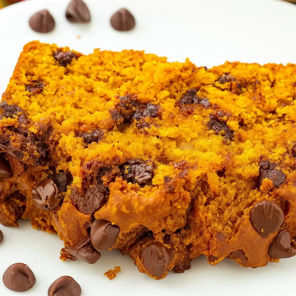 Golden brown chocolate chip pumpkin bread sliced on a wooden cutting board, showing moist interior with chocolate chips throughout, surrounded by autumn pumpkins and spices