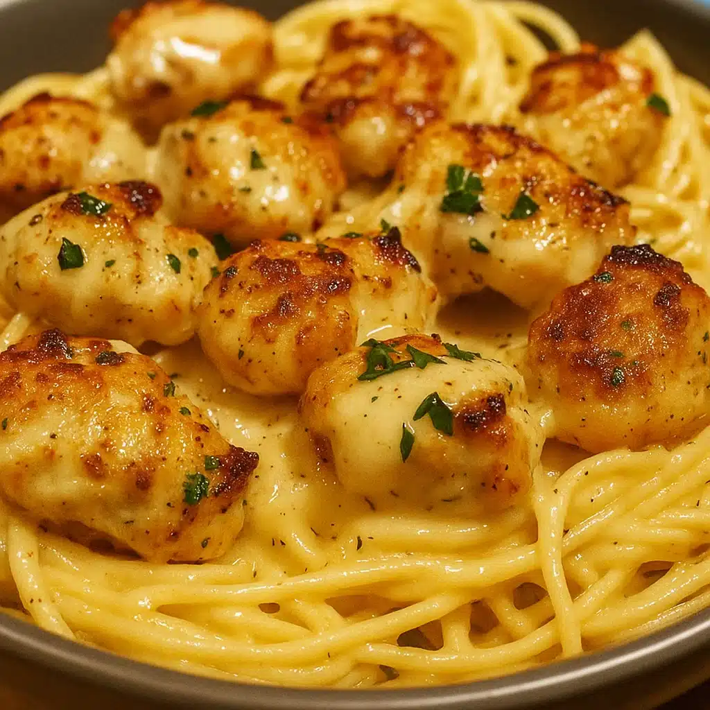 Golden garlic butter chicken bites served over creamy Parmesan pasta, garnished with fresh parsley in a white bowl