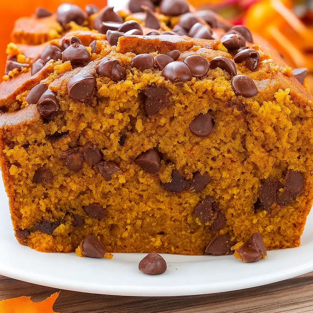 Golden brown chocolate chip pumpkin bread sliced on a wooden cutting board, showing moist interior with chocolate chips throughout, surrounded by autumn pumpkins and spices