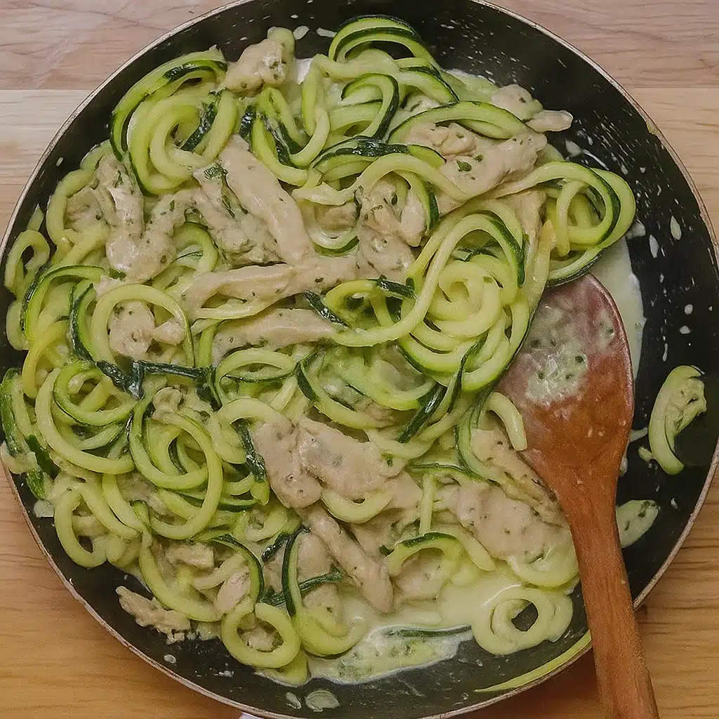 Creamy zucchini noodle chicken alfredo in a white bowl with fresh parsley garnish and grated Parmesan cheese on top