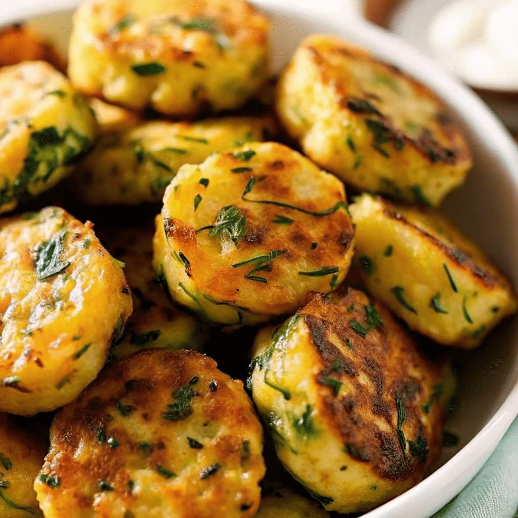 Golden brown zucchini garlic bites arranged on a white platter with fresh basil garnish and marinara dipping sauce in a small bowl
