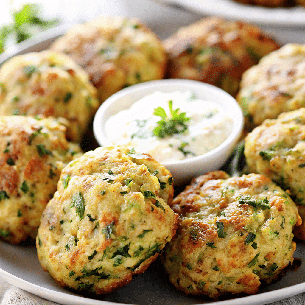 Golden brown zucchini garlic bites arranged on a white platter with fresh basil garnish and marinara dipping sauce in a small bowl