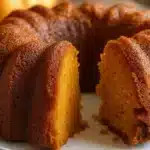 Golden buttermilk pumpkin pound cake with white glaze drizzled on top, displayed on a white cake stand