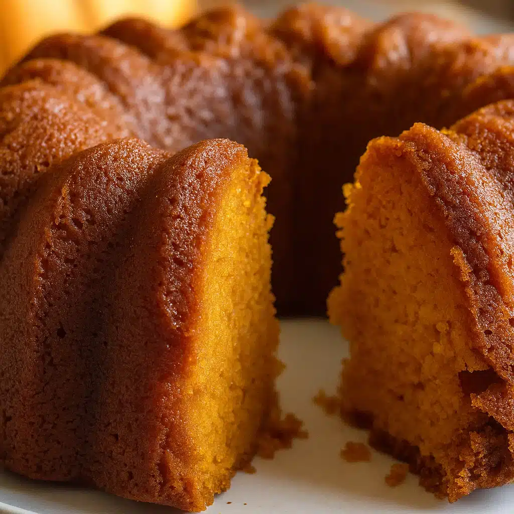 Golden buttermilk pumpkin pound cake with white glaze drizzled on top, displayed on a white cake stand