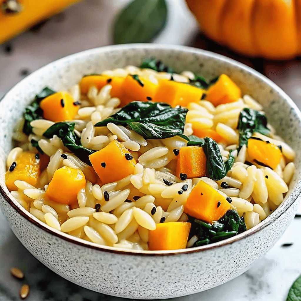 creamy orzo with roasted butternut squash and spinach topped with fresh thyme and grated cheese
