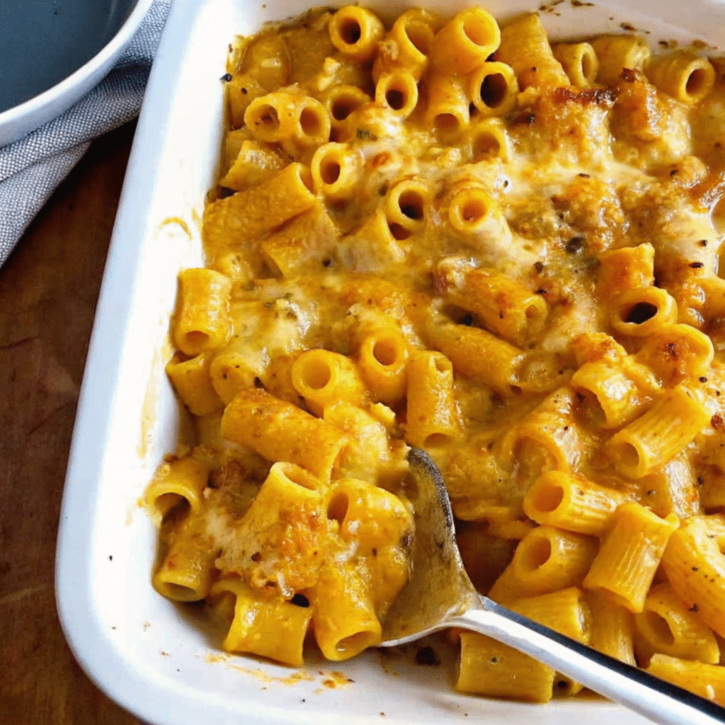 Creamy butternut squash mac and cheese in a white baking dish, topped with golden melted cheese and garnished with fresh chives
