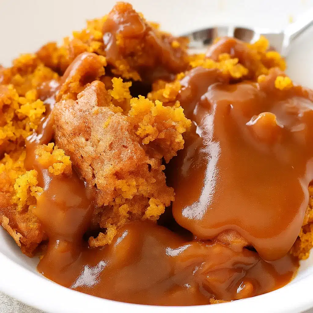 Golden brown pumpkin cobbler with crumbly topping in a white baking dish, served with a dollop of whipped cream, showcasing the creamy pumpkin filling and crispy spiced topping.