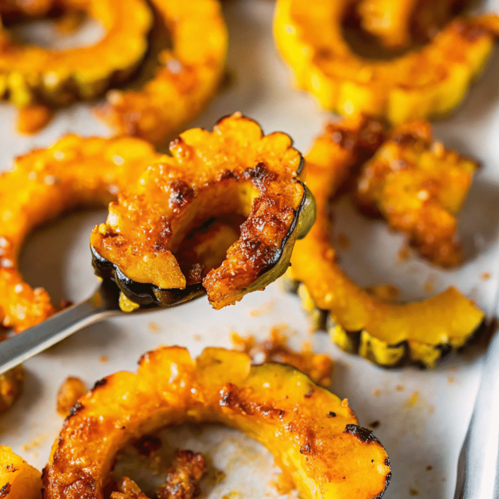 Easy Parmesan Garlic Delicata Squash recipe pieces with melted Parmesan cheese and herbs on a baking sheet