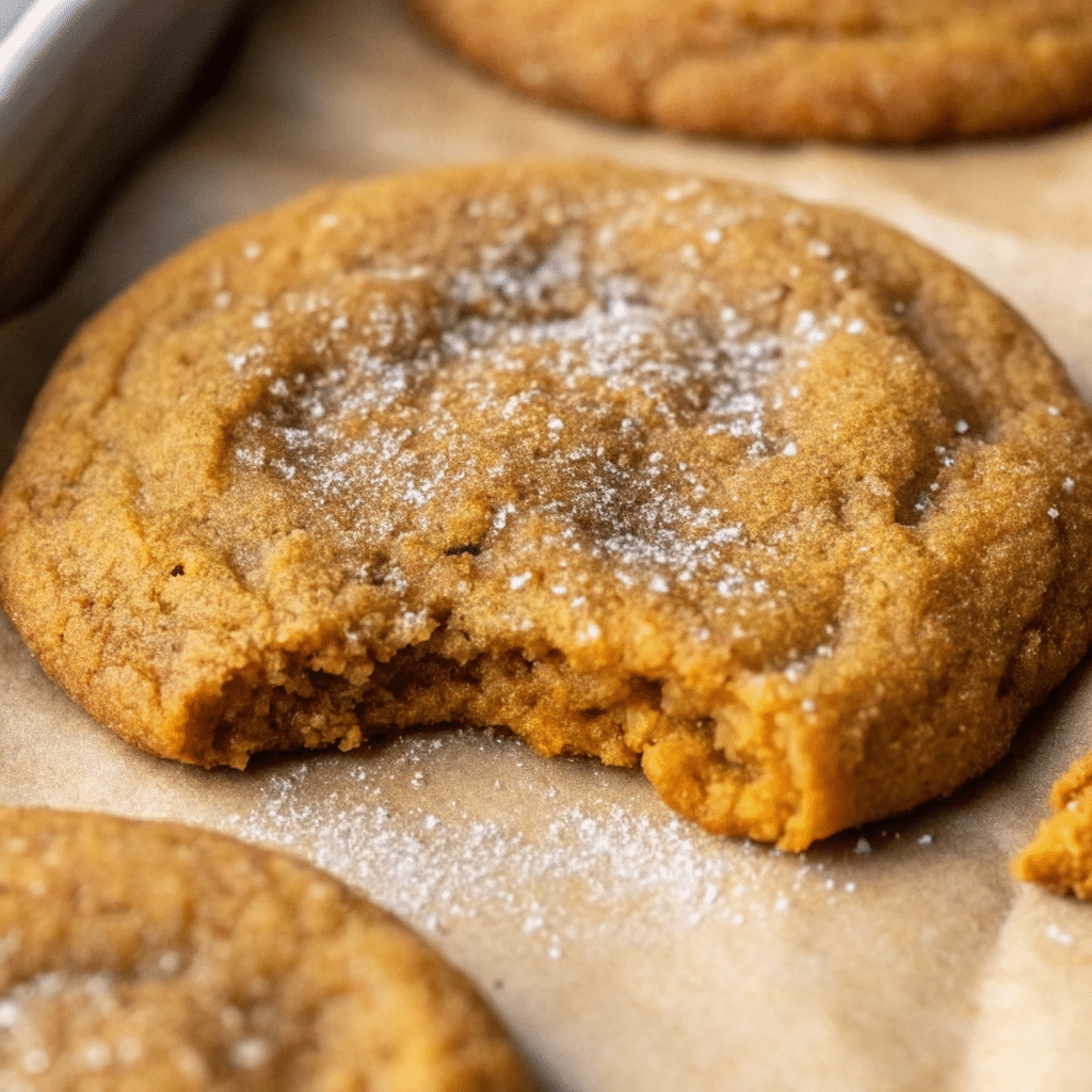 Soft, chewy pumpkin cookies rolled in spiced sugar, arranged on a white plate with fall leaves in the background