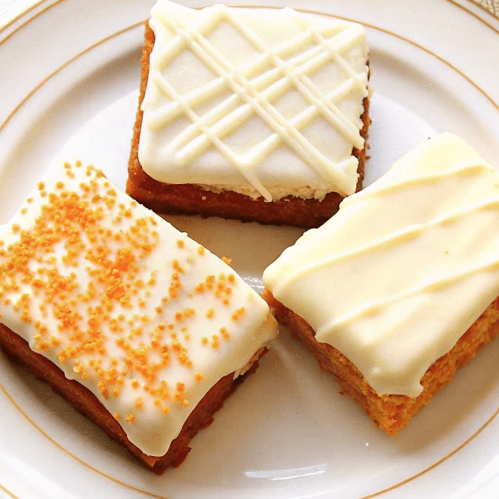 Perfectly moist pumpkin bars with cream cheese frosting, cut into squares and arranged on a wooden serving board