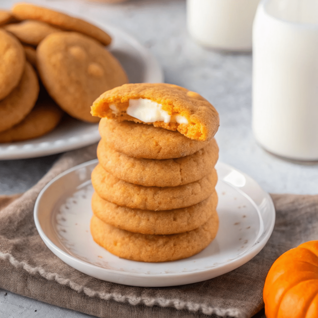 Soft, golden-brown pumpkin Cheesecake cookies rolled in cinnamon sugar with a creamy white cream cheese filling visible in the center