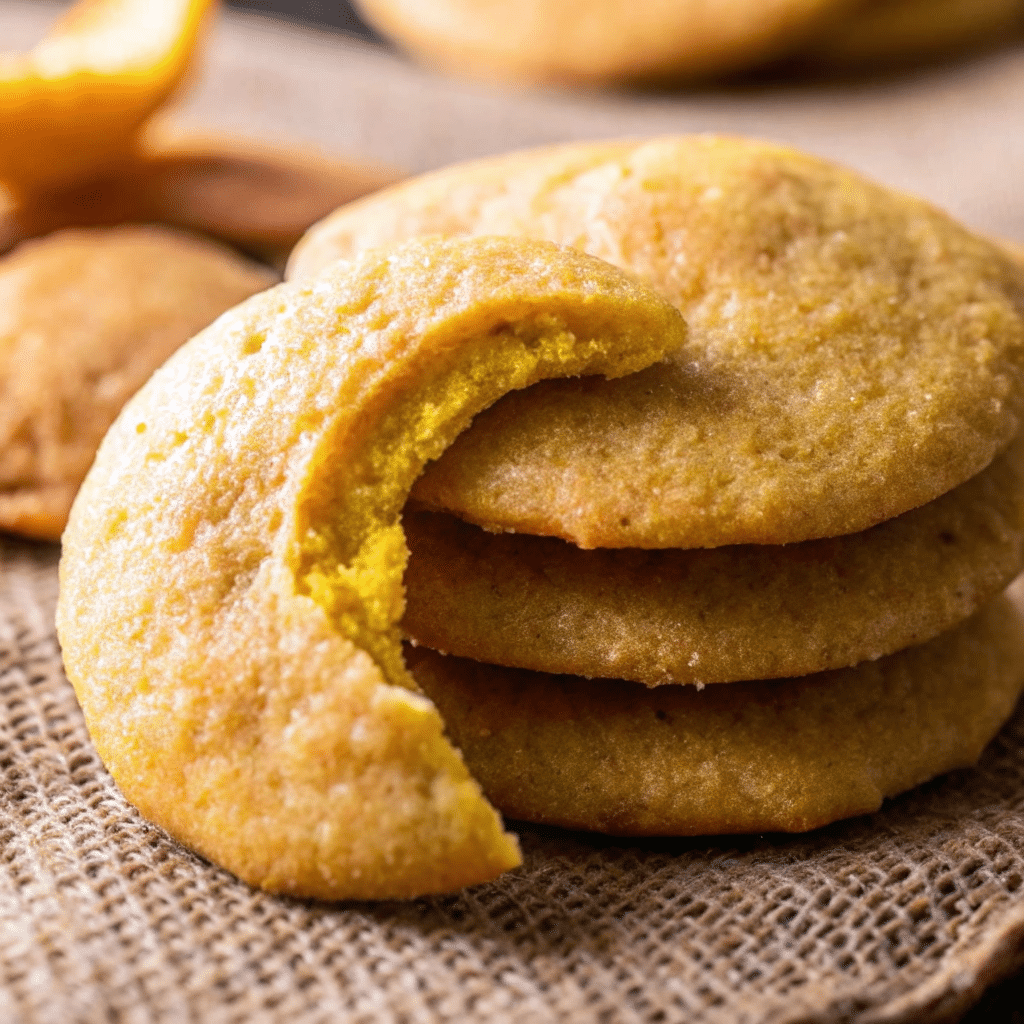 Stack of golden-brown pumpkin sugar cookies on a white plate, showing their soft, thick texture and perfect autumn color