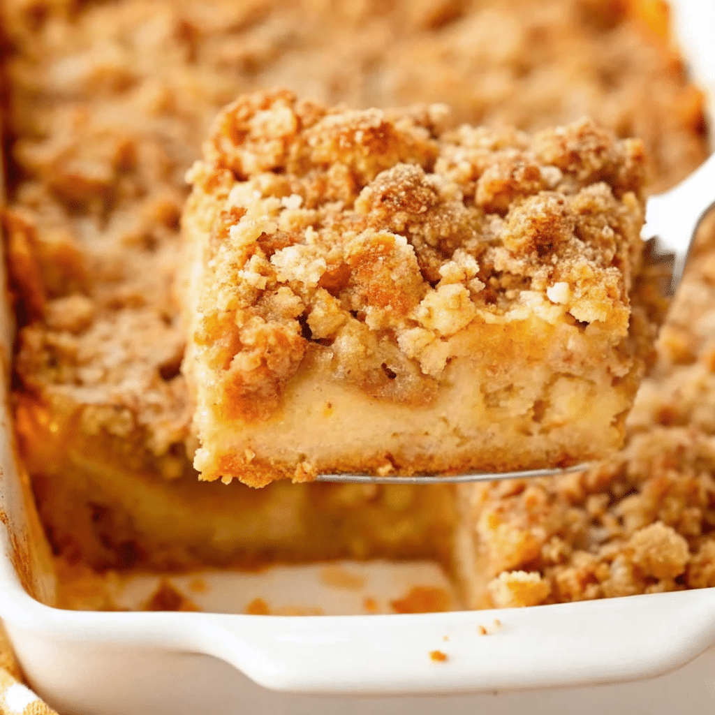 Golden baked pumpkin french toast casserole with crumb topping in a white baking dish