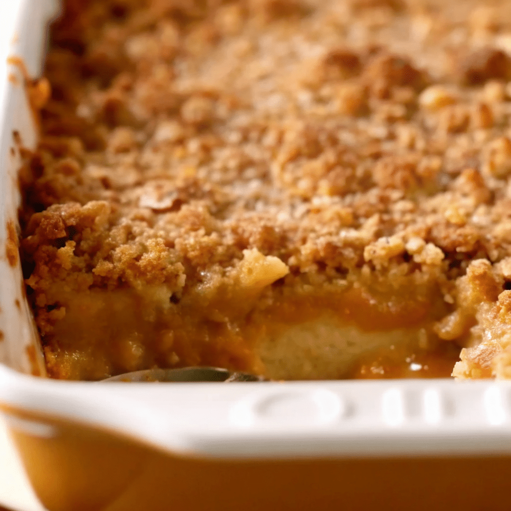 Golden baked pumpkin french toast casserole with crumb topping in a white baking dish