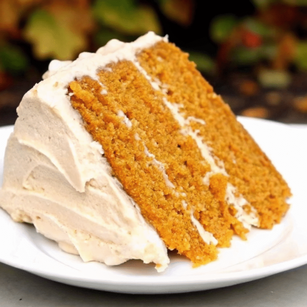 A slice of moist pumpkin spice cake on a white plate with a fork, showing the tender orange-colored crumb studded with raisins.