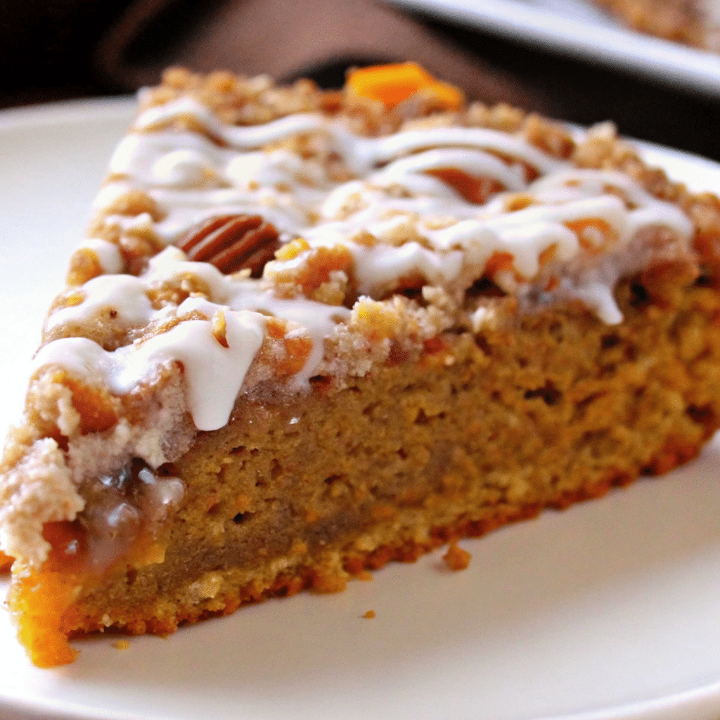 Golden brown square Cinnamon Streusel Pumpkin Coffee Cake topping and vanilla glaze drizzled on top, cut into squares on a white serving plate