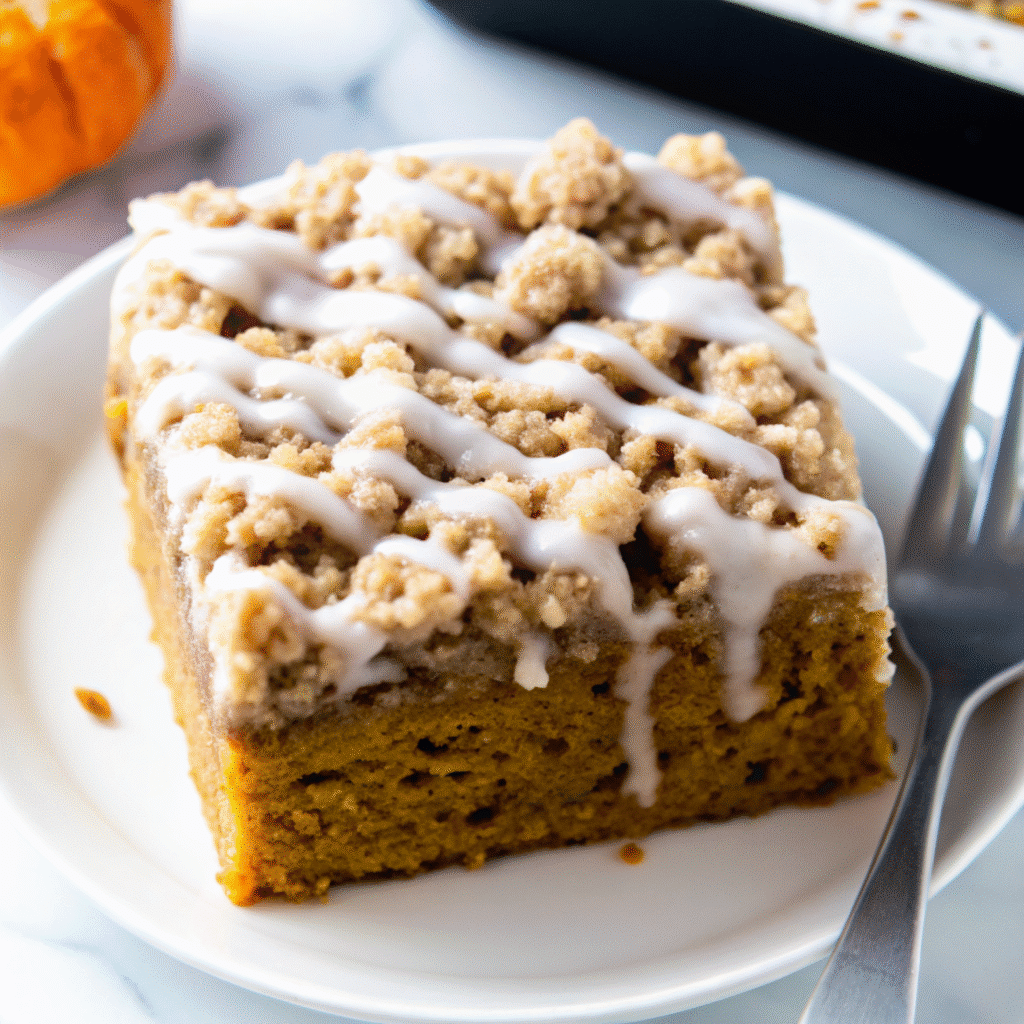 Golden brown square Cinnamon Streusel Pumpkin Coffee Cake topping and vanilla glaze drizzled on top, cut into squares on a white serving plate