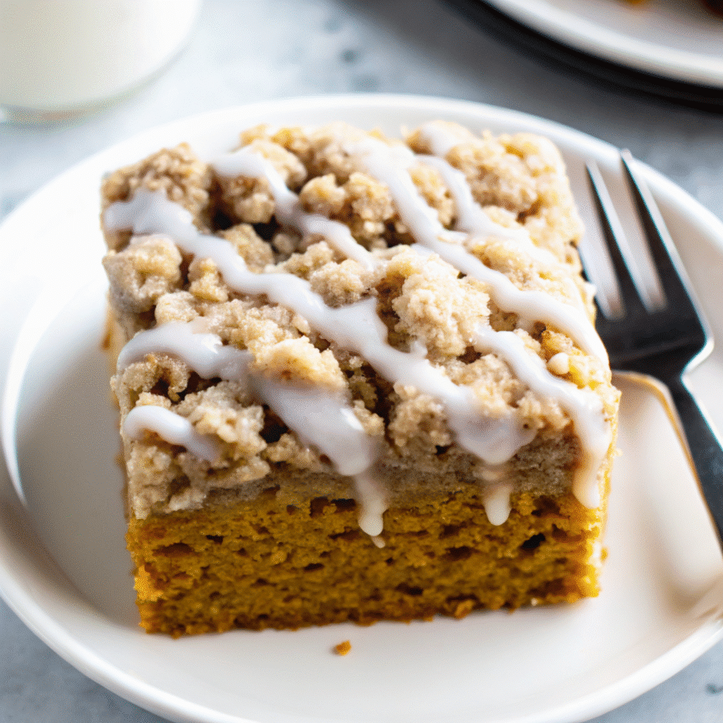 Golden brown square Cinnamon Streusel Pumpkin Coffee Cake topping and vanilla glaze drizzled on top, cut into squares on a white serving plate