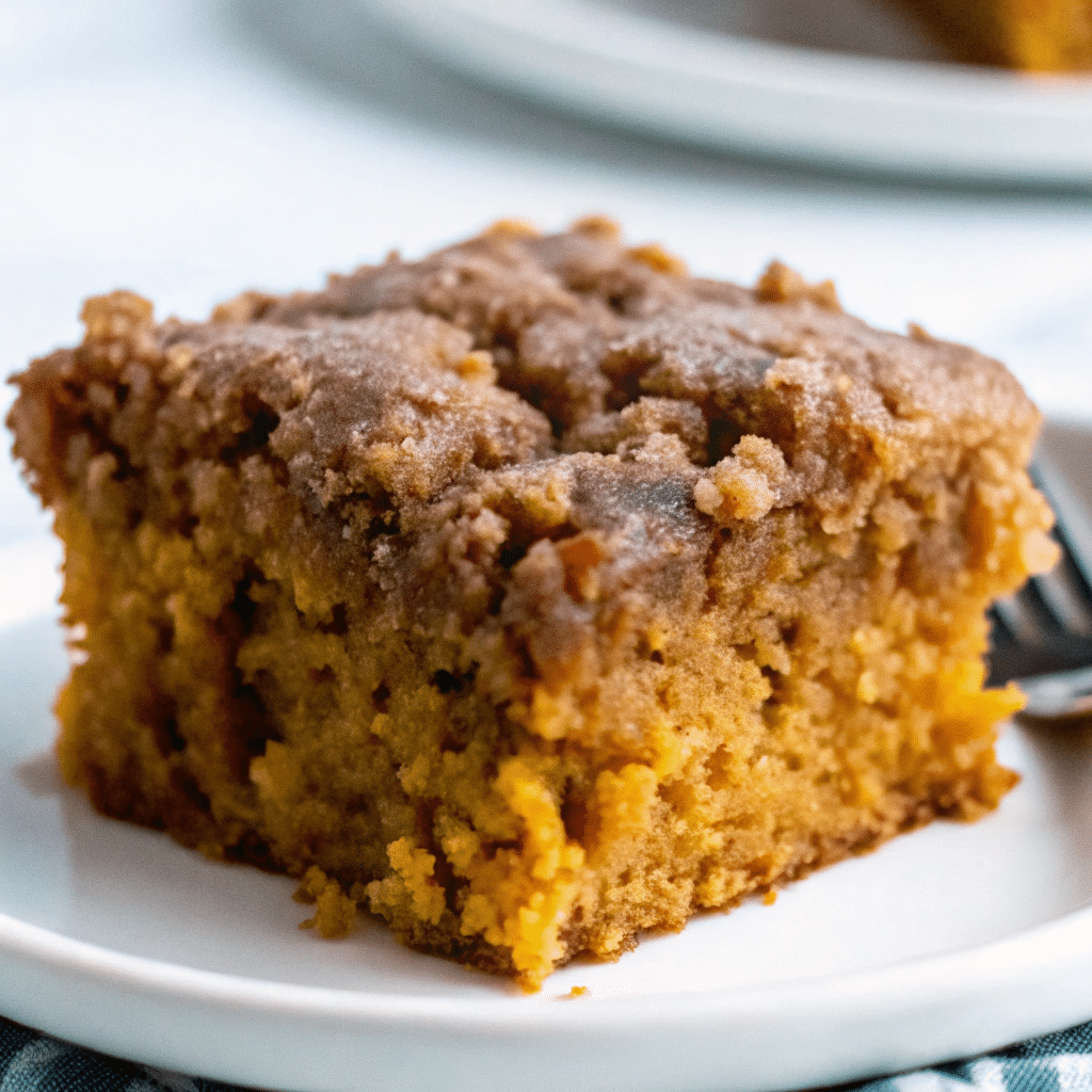 Golden pumpkin coffee cake with crumbly streusel topping and white glaze drizzle on parchment paper