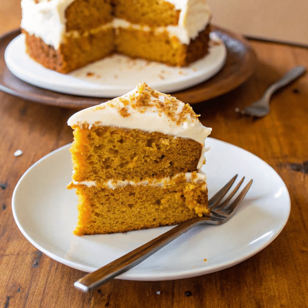 A square piece of moist pumpkin spice Latte cake topped with creamy espresso buttercream frosting on a white plate, with fall leaves and coffee beans scattered nearby
